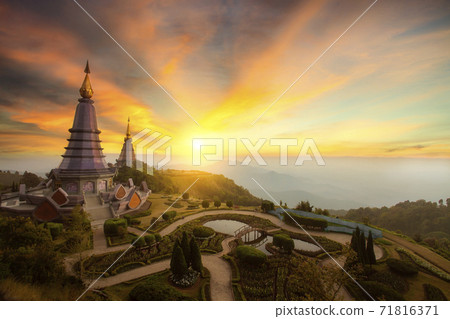 Landscape of two pagoda at the Inthanon mountain at sunset Landscape of two pagoda at the Inthanon mountain at sunset 71816371