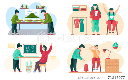Seamstress sews clothes to order for customers. Family playing board game together at home 71817077