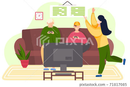 Happy people playing video games. Mom and sons gaming with gamepad controller. Family pastime Happy people playing video games. Mom and sons gaming with gamepad controller. Family pastime 71817085