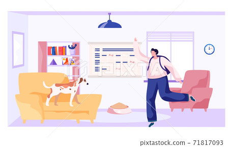 Young woman is at home with her spotted dog on armchair in livingroom with window, bookcase 71817093