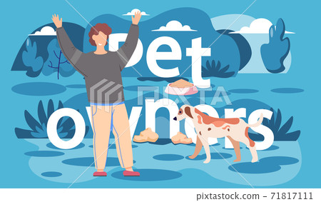 Man with the dog. Caring for a four-footed friend. Pet owner guy joyfully raised his hands up 71817111