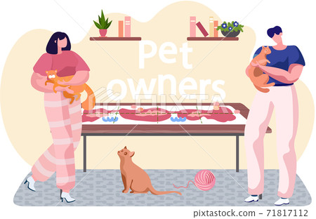Young man fondles a cat, woman standing at a table. Happy pet owners playing a board game at home 71817112