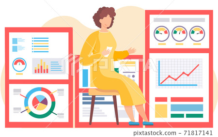 Businesswoman analyzes graphs and charts on the background. The marketer studies information 71817141