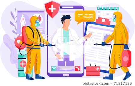 Men in yellow protective suit disinfects the living room. Doctor on mobile phone screen, medical app Men in yellow protective suit disinfects the living room. Doctor on mobile phone screen, medical app 71817186