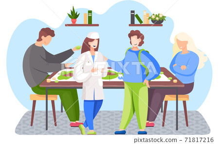 Family doctor. Medic woman in white coat holding a paper sheet standing in the room with patient man Family doctor. Medic woman in white coat holding a paper sheet standing in the room with patient man 71817216