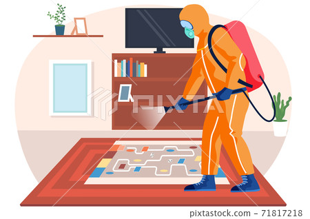 A man from epidemiological service doing disinfection in office to kill viruses and bacteria A man from epidemiological service doing disinfection in office to kill viruses and bacteria 71817218