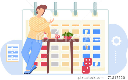 Serious guy standing with cards in his hands and drinking tea. Timetable or calendar on background Serious guy standing with cards in his hands and drinking tea. Timetable or calendar on background 71817220