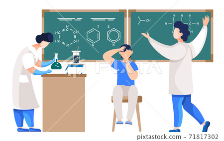 Science teacher professor standing near chalkboard teaching boy student in classroom at school Science teacher professor standing near chalkboard teaching boy student in classroom at school 71817302