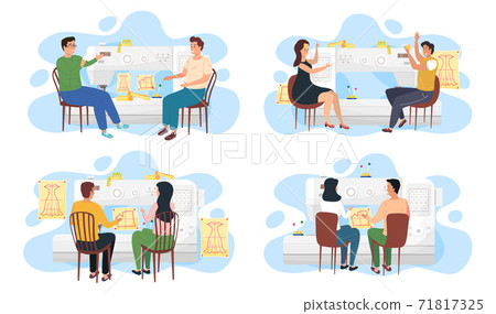 Fashion designers, seamstressers are sitting near the sketch with dress and discussing about model Fashion designers, seamstressers are sitting near the sketch with dress and discussing about model 71817325