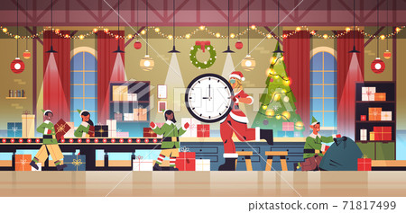 santa woman holding clock elves putting gifts on conveyor new year christmas holidays celebration concept santa woman holding clock elves putting gifts on conveyor new year christmas holidays celebration concept 71817499