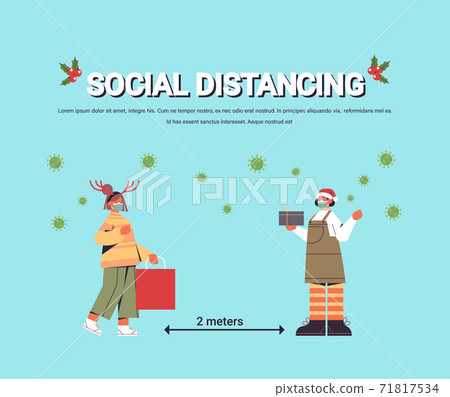 girls in masks keeping social distance to prevent coronavirus pandemic new year christmas holidays celebration girls in masks keeping social distance to prevent coronavirus pandemic new year christmas holidays celebration 71817534