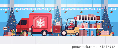 santa in mask forklift truck loading colorful gifts in lorry truck merry christmas happy new year express delivery santa in mask forklift truck loading colorful gifts in lorry truck merry christmas happy new year express delivery 71817542