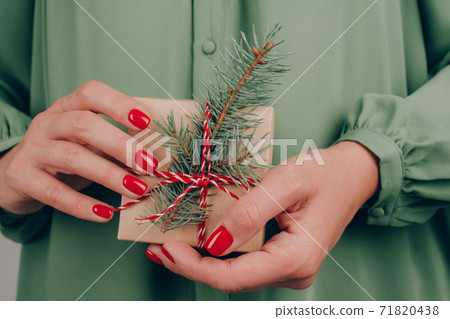 Young woman wearing green dress holding Christmas present box decorated with Christmas tree twig. Christmas holidays and New Year celebration concept. Preparing family gifts for Christmas Young woman wearing green dress holding Christmas present box decorated with Christmas tree twig. Christmas holidays and New Year celebration concept. Preparing family gifts for Christmas 71820438