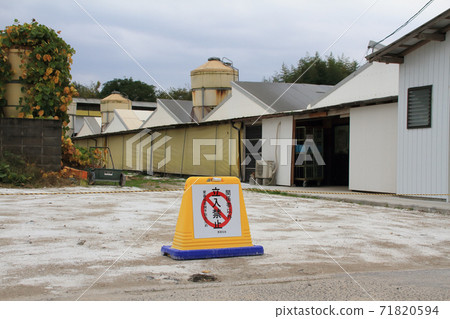 Slaked lime is sprinkled and disinfected to prevent bird flu infection. 71820594
