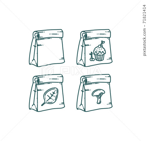 Paper bag with different prints. Takeaway paper bag with food or other products. Doodle vector illustration Paper bag with different prints. Takeaway paper bag with food or other products. Doodle vector illustration 71821414