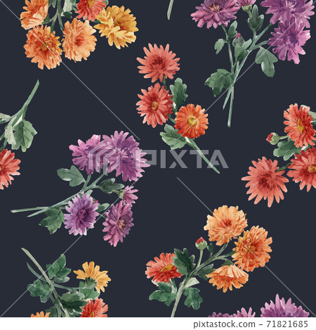 Beautiful seamless floral pattern with watercolor gentle blooming chrysanthemum flowers. Stock illustration. 71821685