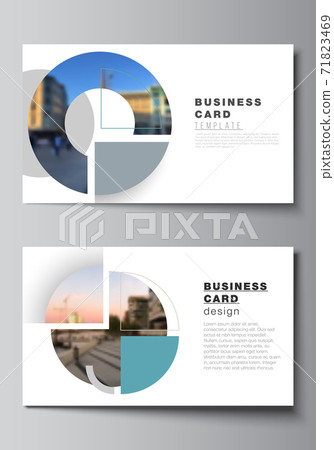 Vector layout of two creative business cards design templates, horizontal template vector design. Background with abstract circle round banners. Corporate business concept template. 71823469