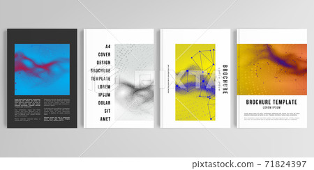 Realistic vector layouts of cover mockup templates in A4 for brochure, cover design, flyer, book design, poster. Colorful wavy particle surface background for technology or science cyber space concept 71824397
