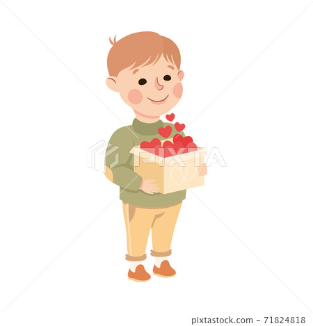 Cute Boy Holding Gift Box Full of Hearts, Adorable Child Character with Romance Feelings Symbol, Happy Valentines Day Concept Cartoon Vector Illustration Cute Boy Holding Gift Box Full of Hearts, Adorable Child Character with Romance Feelings Symbol, Happy Valentines Day Concept Cartoon Vector Illustration 71824818