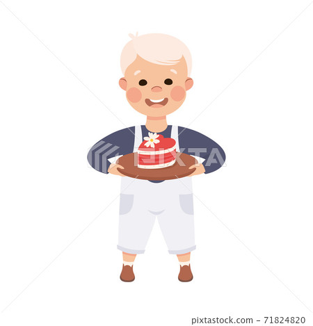 Cute Boy Holding Cake in Shape of Heart, Adorable Child Character with Romance Feelings Symbol, Happy Valentines Day Concept Cartoon Vector Illustration Cute Boy Holding Cake in Shape of Heart, Adorable Child Character with Romance Feelings Symbol, Happy Valentines Day Concept Cartoon Vector Illustration 71824820