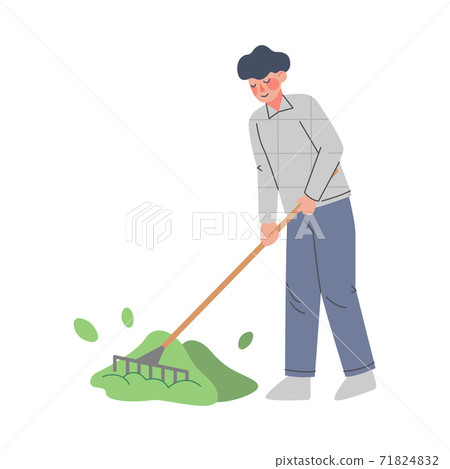 Man Farmer Using Rake, Male Agricultural Worker Gardener Character in Overalls Working on Farm, Eco Farming Concept Cartoon Style Vector Illustration Man Farmer Using Rake, Male Agricultural Worker Gardener Character in Overalls Working on Farm, Eco Farming Concept Cartoon Style Vector Illustration 71824832