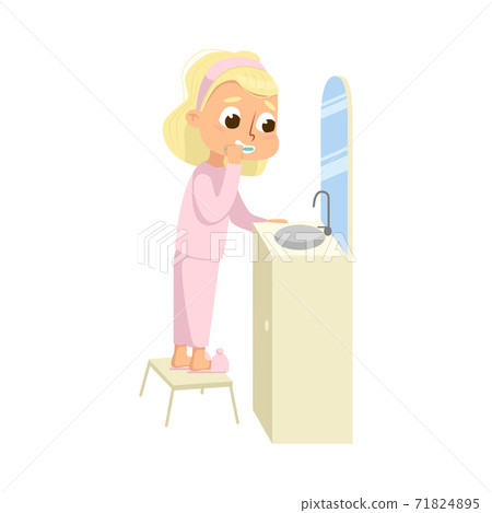 Cute Girl Brushing Their Teeth Together Before Bedtime Cartoon Style Vector Illustration 71824895