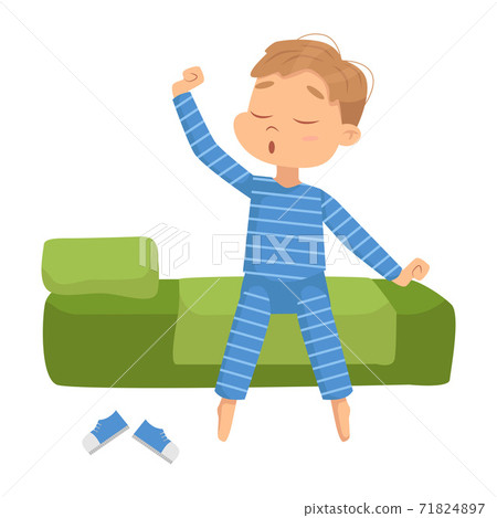 Cute Boy in Pajamas Waking up and Stretching in Morning Cartoon Style Vector Illustration Cute Boy in Pajamas Waking up and Stretching in Morning Cartoon Style Vector Illustration 71824897