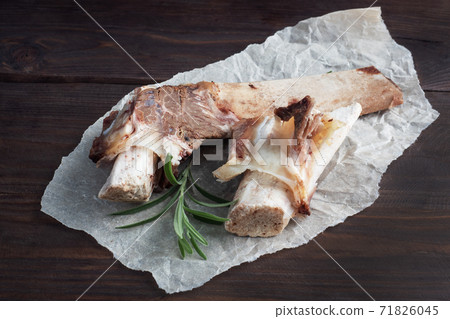 Beef bone and vegetable ingredients for cooking broth. Healthy food with collagen and amino acids. Copy space. Beef bone and vegetable ingredients for cooking broth. Healthy food with collagen and amino acids. Copy space. 71826045