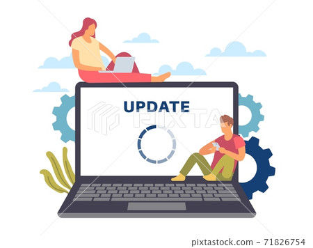 System update. Maintenance process. Man and woman with devices. Loading circle on laptop screen. Renewal software and online services. New program version download, vector web template System update. Maintenance process. Man and woman with devices. Loading circle on laptop screen. Renewal software and online services. New program version download, vector web template 71826754