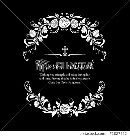 Funeral card with rose flowers wreath and cross. 71827552