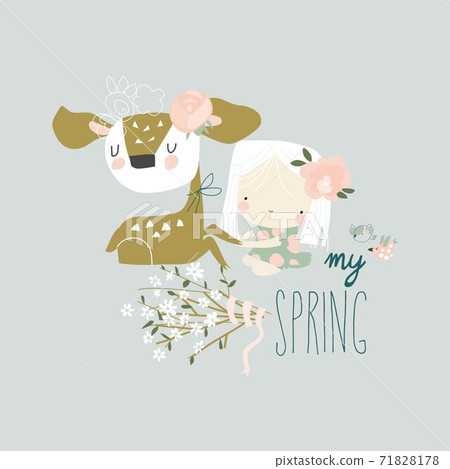 Beautiful cartoon girl with cute deer.Best friends Beautiful cartoon girl with cute deer.Best friends 71828178