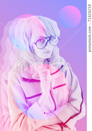 Funky woman in sunglasses. Crazy lady and surreal composition of textures, shapes, gradients. Contemporary art collage. Zine culture. Pop art. Fashion magazine style for posters, banners, wallpaper. 71828258