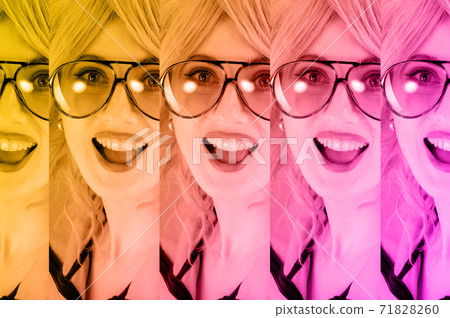 Funky woman in sunglasses. Crazy lady and surreal composition of textures, shapes, gradients. Contemporary art collage. Zine culture. Pop art. Fashion magazine style for posters, banners, wallpaper. 71828260