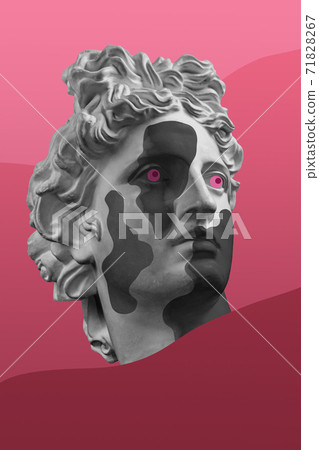 Collage with plaster antique sculpture of human face in a pop art style. Modern creative concept image with ancient statue head. Zine culture. Contemporary art poster. Funky minimalism. Retro design. 71828267