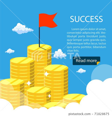Big growth money stairs in sky with red flag. Success financial rich concept. Business concept. Vector illustration in flat design. 71828675