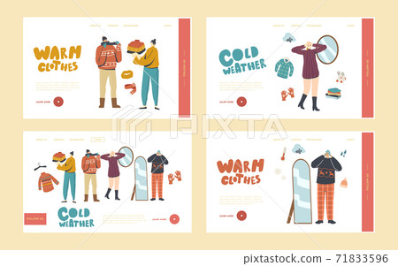Characters Wearing Warm Clothes Landing Page Template Set. People in Knitted Handmade Pullover, Scarves and Hats Characters Wearing Warm Clothes Landing Page Template Set. People in Knitted Handmade Pullover, Scarves and Hats 71833596