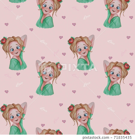 Seamless pattern. A cute, playful sexy blonde girl with a scarlet flower in her hair on a pink background with hearts. Watercolor. Hand drawing. For festive design and decor 71835435