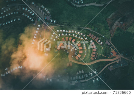 Aerial view of camping grounds and tents on Doi Mon Cham mountain in Mae Rim, Chiang Mai province 71836660