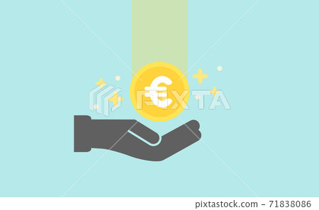 EU currency Euro symbol € Marked coin and hand icon-Light blue background: Euro, coins, income 71838086