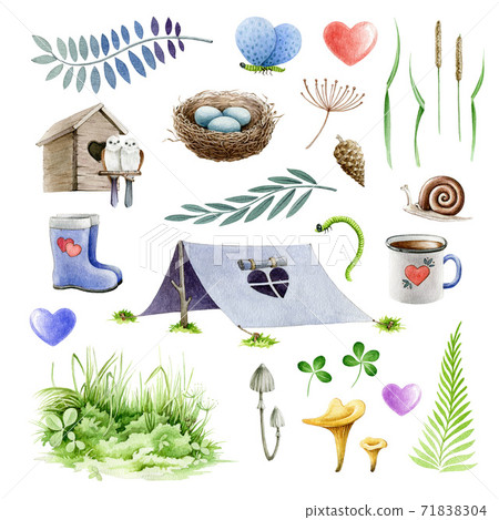 Hiking or camping  watercolor illustration set.  71838304