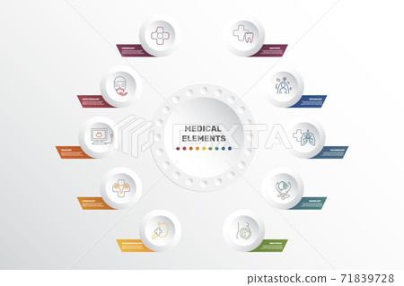 Infographic Medical template. Icons in different colors. Include Venerology, Anesthesiology, Oncology, Gynecology and others. 71839728