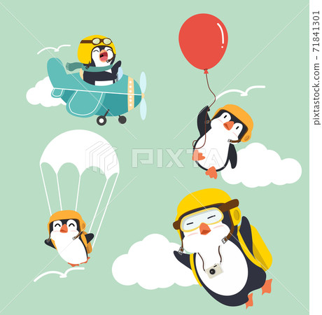 cute penguins cartoon vector on sky set 71841301