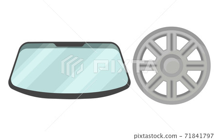 Car and Auto Spare Parts with Wind Screen and Wheel Rim Vector Set 71841797
