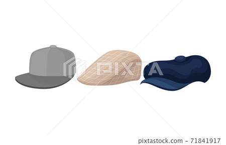 Baseball Cap and Flat Cap with Rounded Crown and Bill in Front Vector Set 71841917