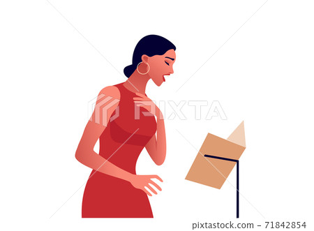 Elegant woman in red dress singing in red dress. 71842854
