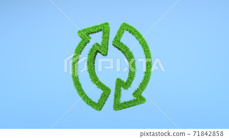 Two arrows of green grass on a blue background. Ecological recycling sign. 3d rendering Two arrows of green grass on a blue background. Ecological recycling sign. 3d rendering 71842858