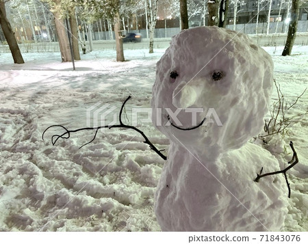Fragment of a snowman, bust portrait. Hands from branches, eyes from cones and a smile. Fragment of a snowman, bust portrait. Hands from branches, eyes from cones and a smile. 71843076
