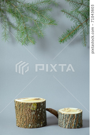 Wooden empty podiums with fir branches on gray background. Wooden cuts 71843603