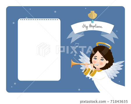 Angel playing the trumpet. My baptism horizontal invitation on blue sky and stars background. Vector illustration 71843635