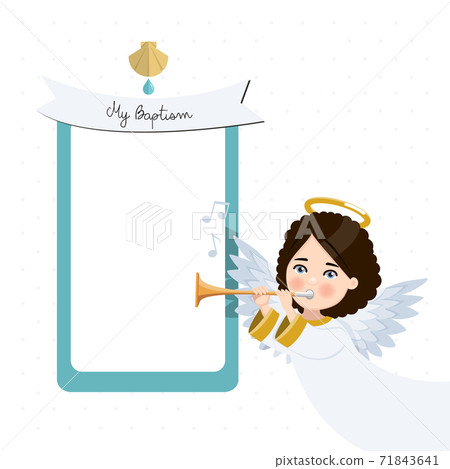 Angel playing the trumpet. My baptism invitation with message. Vector illustration 71843641